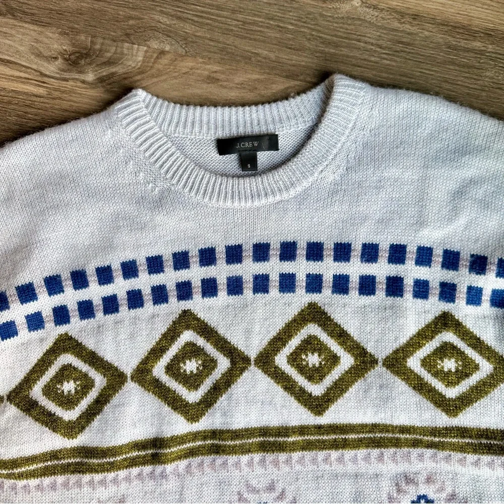 J.Crew Fair Isle Abstract Geometric Knit Sweater Gray Blue Olive‎ – Size Small
